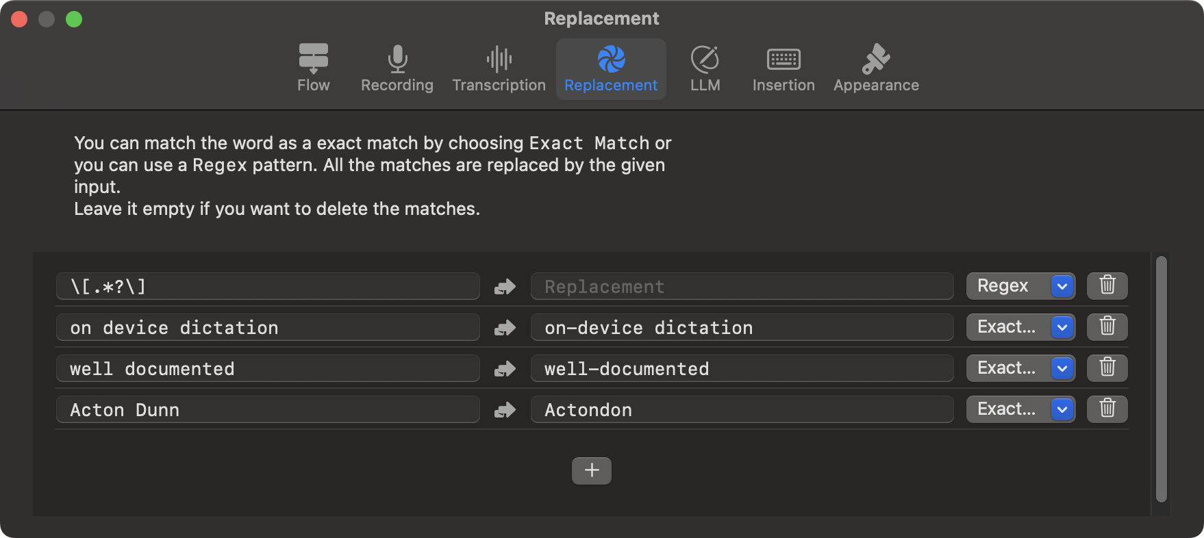 Actondon and BLANK_AUDIO Text Replacement Settings